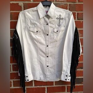 Wired Heart Womens White Western Long Sleeve L Snap Shirt Black Fringe Cross T5